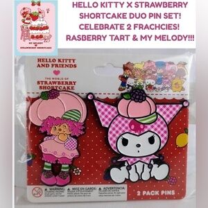 NWT HELLO KITTY X STRAWBERRY SHORTCAKE! RASPBERRY TART & MY MELODY DUO PIN SET!